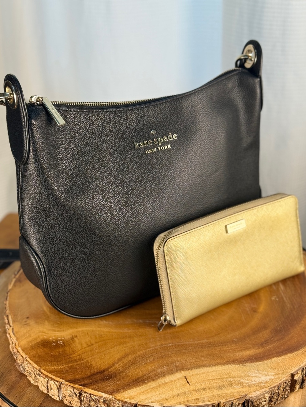 Like New Kate Spade Rosie Black Pebbled Leather Crossbody + Gold Saffiano Wallet